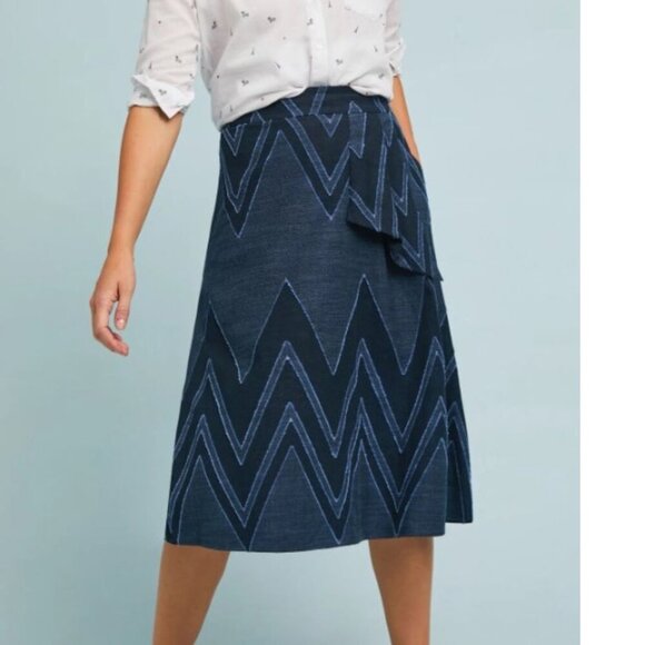 Anthropologie Skirt Womens 0 Blue A-Line Midi Cotton Linen Chevron Eva Franco - Picture 6 of 6